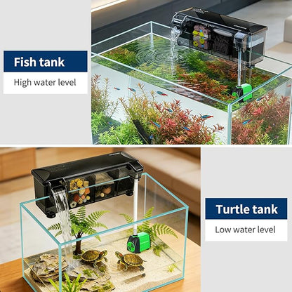 Hang-on-Back Aquarium Filter Box with Reusable Filter Media, Waterfall Oxygenation, Fits High & Low Water Level, for 5-10 Gallon Fish & Turtle Tank (Pump Not Included)