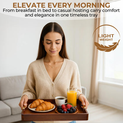 Acacia Wood Serving Tray with Metal Handles, 17x13in, Decorative Coffee Table Tray & Ottoman Tray, Anti-Slip Pads, Dark Wood Tray for Breakfast in Bed, Bar Tray, Gift Box