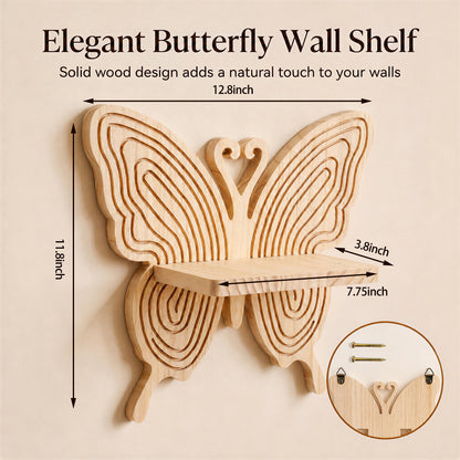 Stylitzy Boho Butterfly Wooden Floating Wall Shelf, Carved Wood Wall Art Decor, Wall Mounted Display Rack for Plants, Photos & Figurines, Hanging Storage Shelf for Bedroom Living Room