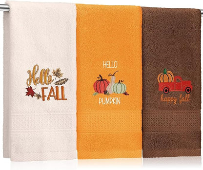 3 Pcs Fall Pumpkin Hand Towels for Bathroom Embroidered Bathroom Towels