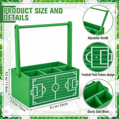 Gerrii Wood Soccer Utensil Caddy, 9.1x5.9x4.5 Inches Utensil Silverware Holder for Party, 4 Pockets Utensils Cutlery Cup Napkin Holder with Handles for Game Day Birthday Decoration