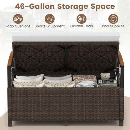 Tangkula 46 Gallon Outdoor Bench with Storage, Outdoor PE Rattan Storage Bench with Cushion, Backrest & Acacia Wood Armrests, Metal Frame, Waterproof Deck Box Seat for Porch Backyard Poolside