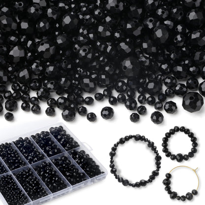 QINJIEJIE 1000Pcs 4/6/8/10mm Black Glass Beads for Jewelry Making Assorted Glass Beads for Suncatchers Bulk Crystal Beads for Bracelets Necklace Pendants Making DIY Supplies (Black)