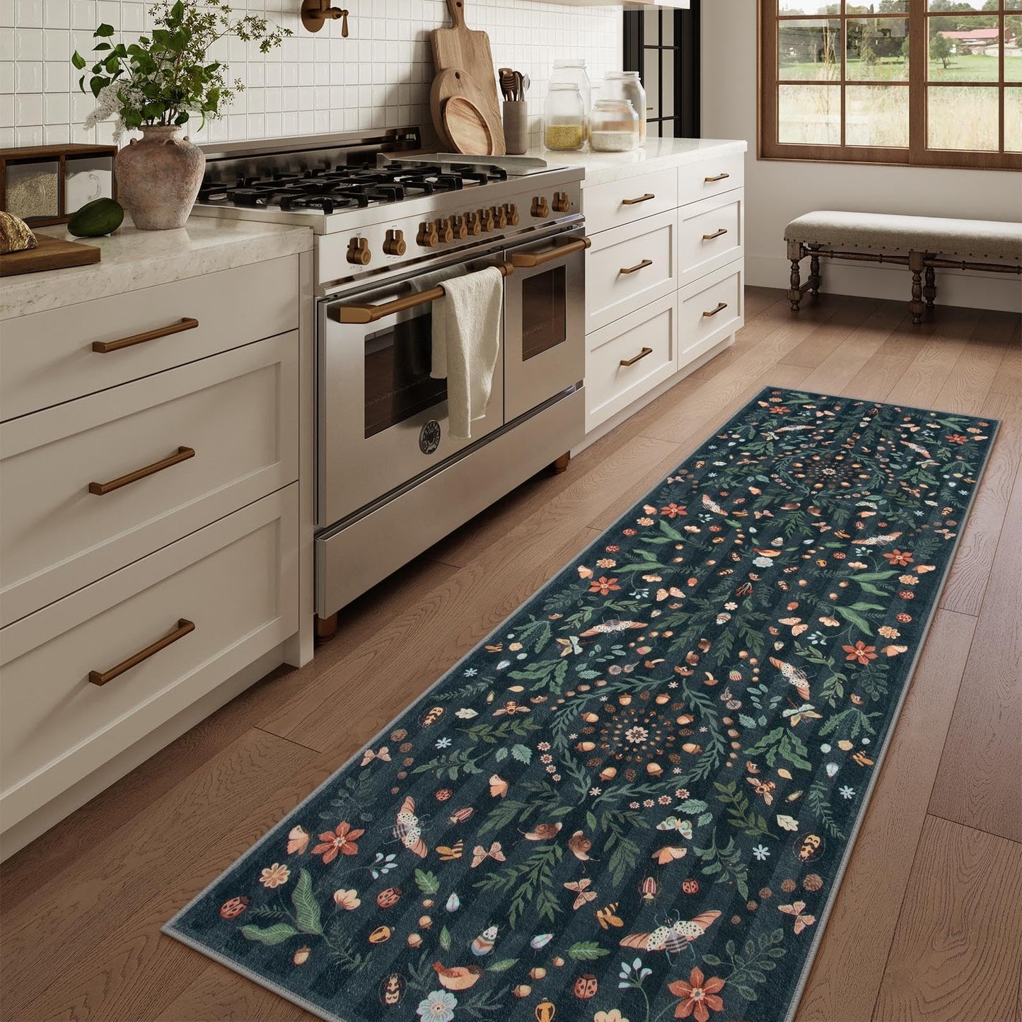 Lahome Washable Insect Botanical 2x6 Runner Rug for Entryway - Machine Washable Non-Slip Hallway Runner Rug, Black Boho Low Profile Soft Faux Wool Carpets for Bedroom, Hallway, Laundry, Kitchen