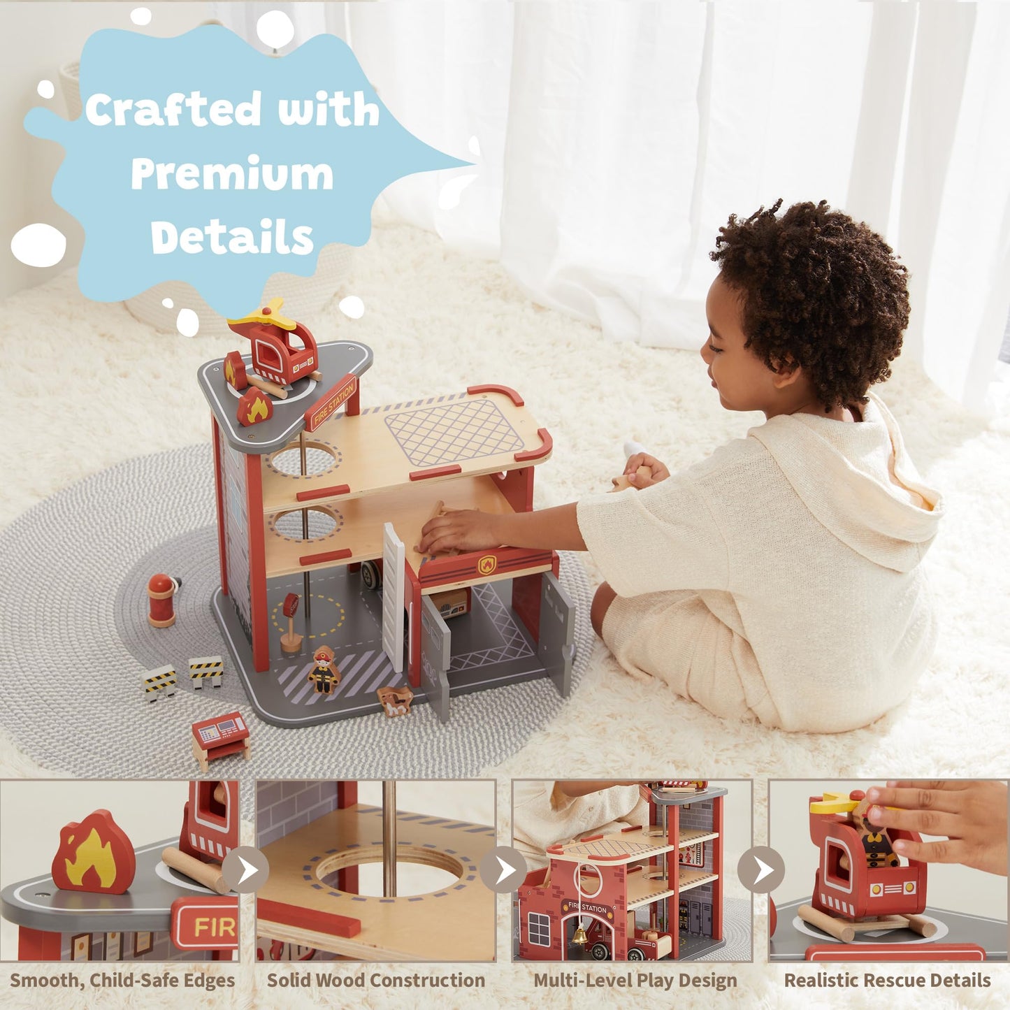 Freniland Wooden Fire Station Playset, 4-Level Pretend Play Firehouse with Fire Truck, Helicopter, Figures & Accessories, Educational Role Play Toy for Toddlers Kids Age 3+