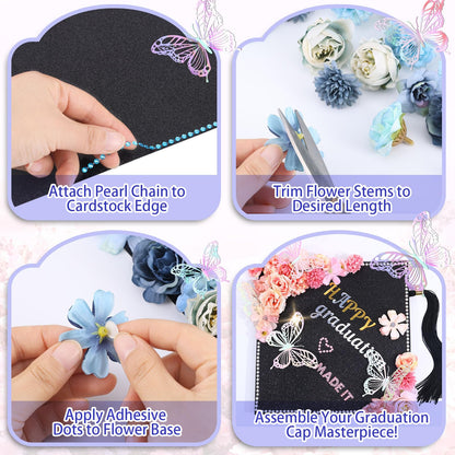 Graduation Cap Decorating Kit DIY Grad Cap Topper Crafts Glitter Cardstock Assorted Artificial Flowers Butterflies Rhinestones Alphabet Stickers Graduation Party Supplies (Pink)