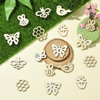 UR URLIFEHALL 200 pcs Random Wooden Spring Ornaments to Paint Blank Unfinished Flower Butterfly Bee Wood Cutouts for Crafts Hanging Decorations