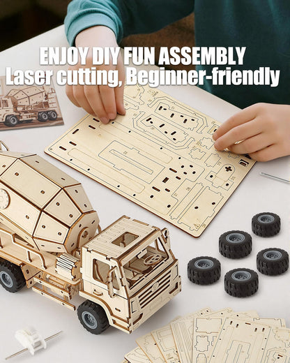 MOCBURIKU 3D Wooden Puzzles Cement Mixer Truck for Adults to Build, 165pcs Wood Craft Model Cars Building Kits with Pull Back 360° Rotatable Mixer Action,Hobby Gifts for Adults Men Teens