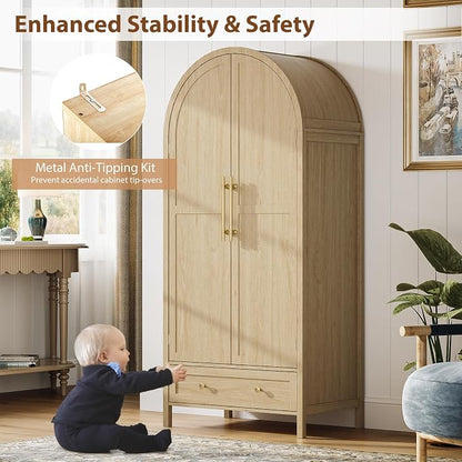 VINGLI Arched Wardrobe Closet Armoire with Drawer, 70" Tall Wooden Wardrobe Closet,Clothing Storage Cabinet, Large Capacity Storage, Natural Oak