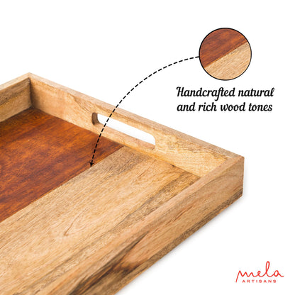 Mela Artisans 15” x 10” x 1.75” Mango Wood Serving Tray with Handles – Rectangular Edge Natural Finish – Handcrafted Wooden Serving Board for Breakfast, Coffee & Home Décor