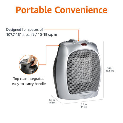 Amazon Basics Ceramic Space Heater, Portable Indoor Heating Solution, With Overheat and Tip-Over Protection, Thermostat, Non-Oscillating, 1500W, Fast Heating, 7.52"D x 6.34"W x 9.45"H, Silver