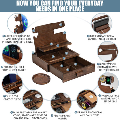 Wood Phone Docking Station for up to 3 Phones - Nightstand Organizer with Drawer for Valuables for Men & Women, Compatible with Apple Watch, Holds Phones, Tablets, Keys, Rings, Glasses, Watches & EDC