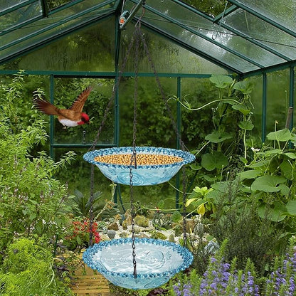 Bird Bath Hanging Seed Feeder Garden Plate Hanging Tray for Wild Backyard Attracting Birds (Blue-Doulbe Bath)