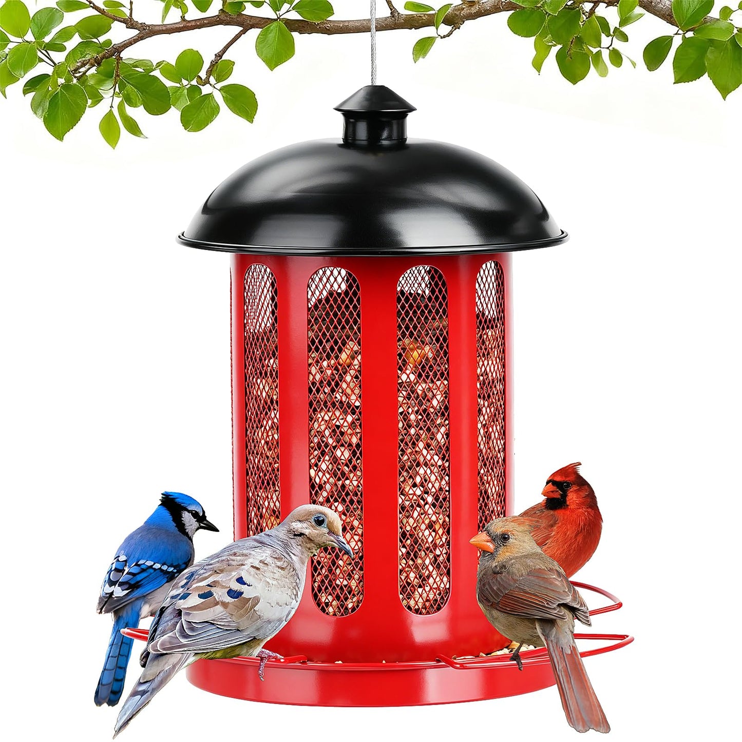 IWNTWY Bird Feeder, Large Capacity Bird Feeders for Outdoor Hanging, Heavy Duty Metal Wild Birdfeeder for Outside Garden Yard Decor, Retro Lantern Shape (Red)