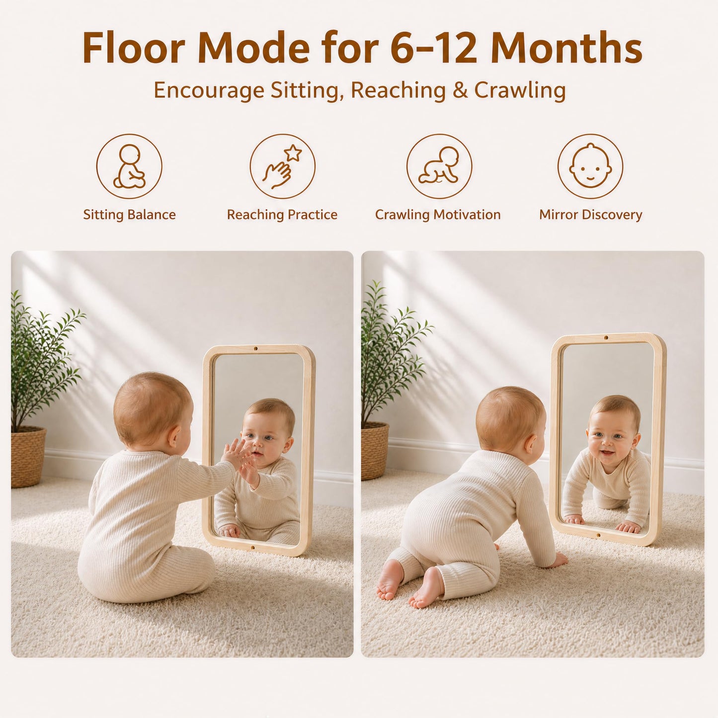 Woodtoe Montessori Mirror with Bar, Adjustable Tummy Time Floor Mirror, Baby Pull to Stand Toys, Natural Unpainted Solid Wood Frame, Baby Pull Up Bar, Developmental Toys for Nursery (Small Size)