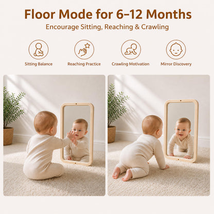 Woodtoe Montessori Mirror with Bar, Adjustable Tummy Time Floor Mirror, Baby Pull to Stand Toys, Natural Unpainted Solid Wood Frame, Baby Pull Up Bar, Developmental Toys for Nursery (Small Size)