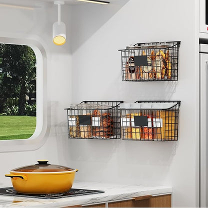 Wall Mounted Bin Basket with 5 Hooks 3 Label Plate Adhesive-3 Pack, Cabinet