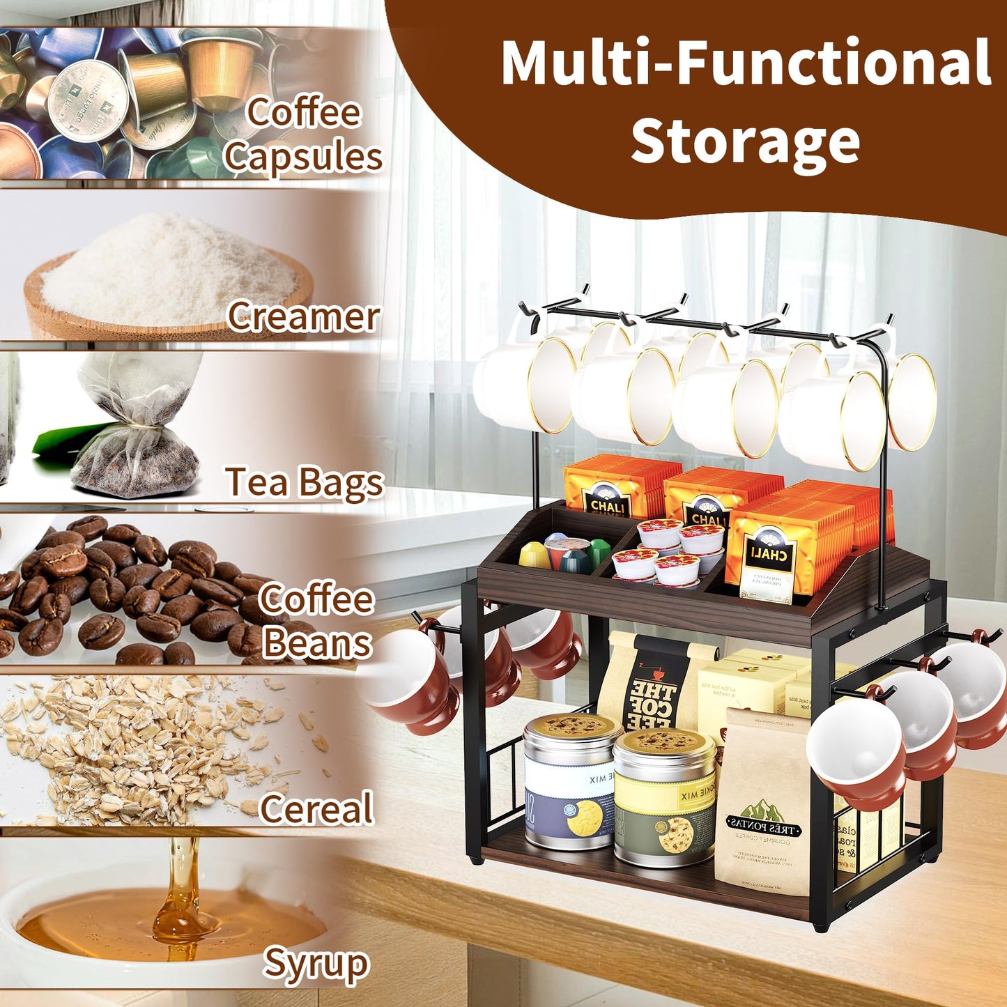 IUMLXJO 2 Tier Coffee Bar Accessories Organizer, Wooden Coffee Mug Rack Holder with 6 Cup Coffee Pod Box,14 Hooks, Metal Kitchen Shelf Organizer for Accessories Station Countertop