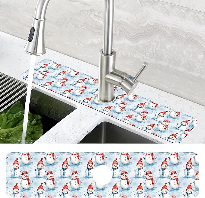 Christmas Snowman with Hat Kitchen Sink Splash Guard Mat Absorbent Fast Drying