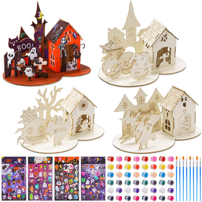 Poen 4 Set 3D Wooden Halloween Haunted House Crafts Kit DIY Wood Ghost House Puzzles Set with Paints Brushes Stickers for Halloween Home Table Decoration Party Gifts Supplies Indoor Decor