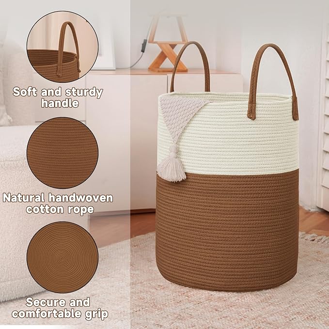 Large Woven Laundry Basket Hamper, 60L Cotton Rope Storage Bin