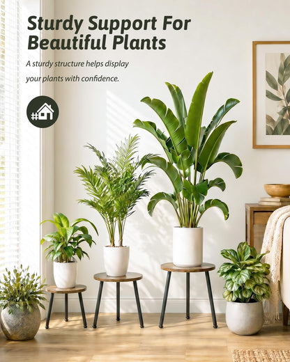 GENTINGBRO 5 Pack Wood Plant Stands Indoor, Round Plant Stool Set with Iron Legs, Heavy Duty Plant Stand Table, Wood and Metal Flower Pot Stand for Living Room, Bedroom, Balcony, Brown/Black