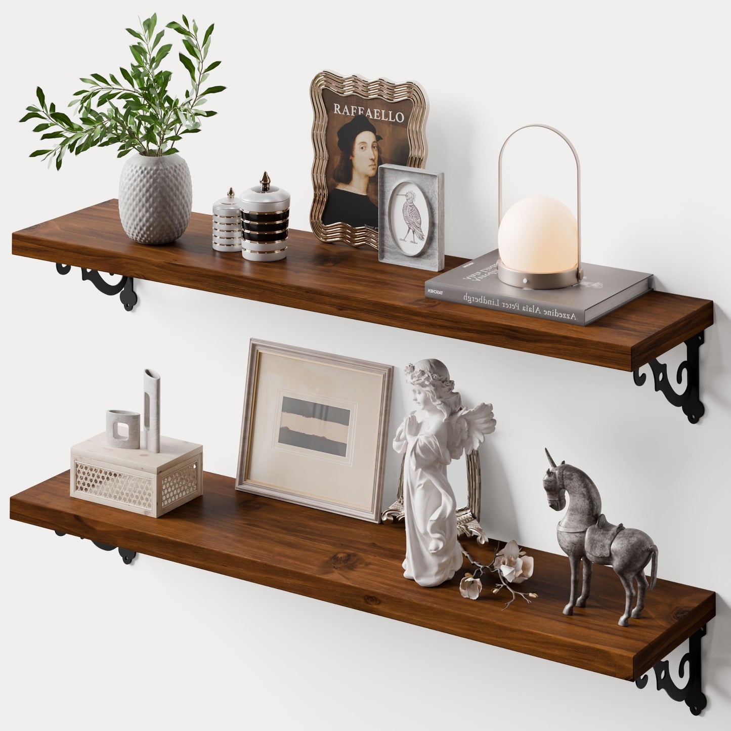 Teneyu Floating Shelves for Wall with Metal Brackets | 36-Inch Pine, Walnut 2-Pack