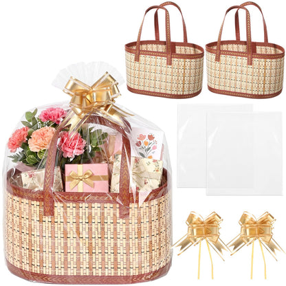 Reallnaive 2 Set Gift Basket Empty Woven Bamboo Storage Baskets with Clear Gift Bags Pull Bows Ribbon Foldable DIY Gifts Basket Kit with Handle for Baby Shower Housewarming