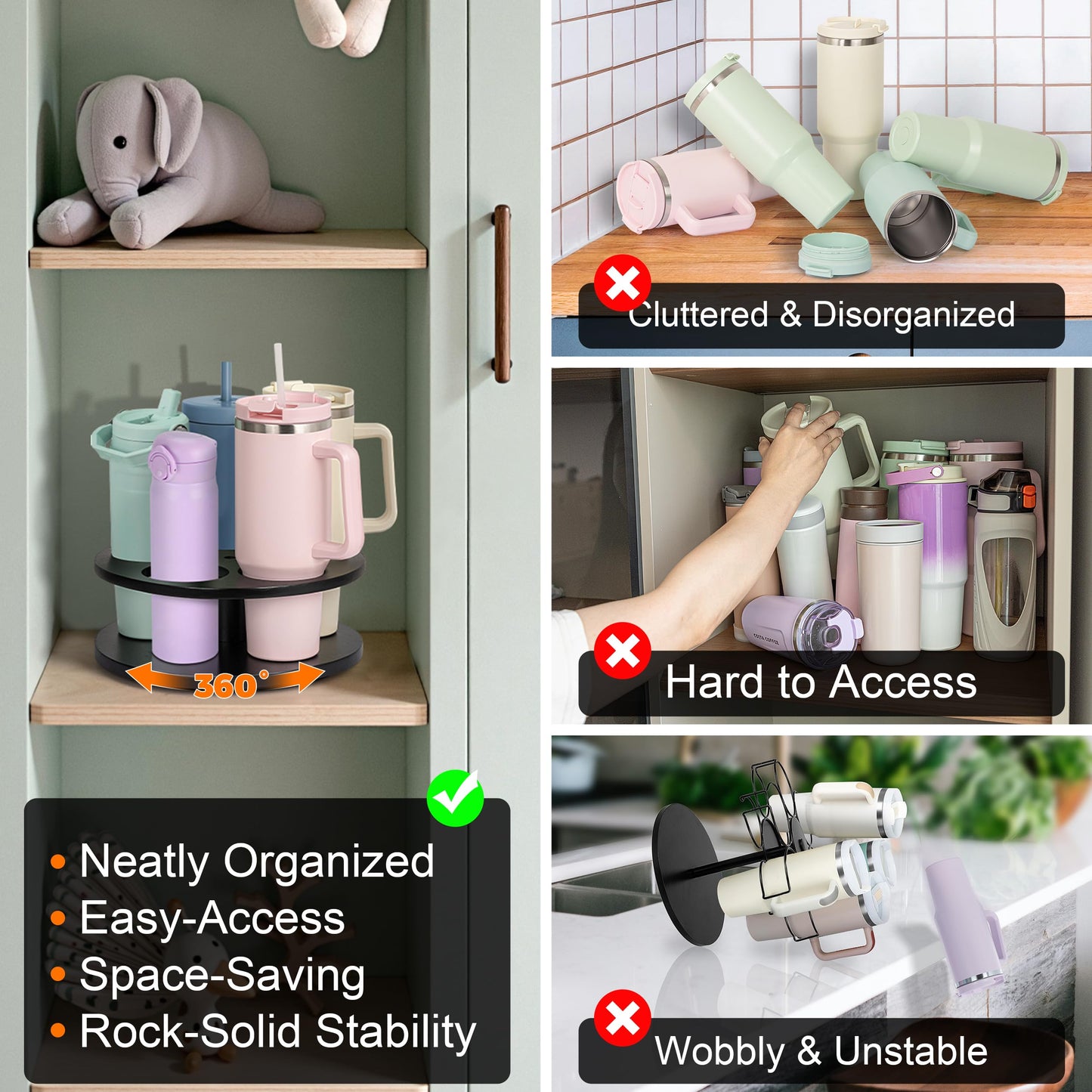 MyLifeUNIT Tumbler Organizer, 360° Rotating Water Bottle Organizer for Stanley Cups 40oz/30oz/20oz, Wooden Stanley Cup Holder for Cabinet Storage (Black)