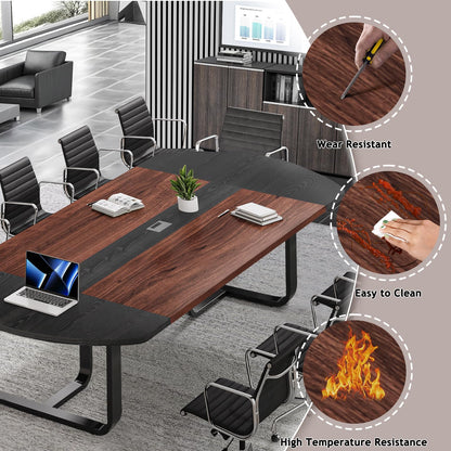 8FT Conference Table, 94.5" D x 47.3" W x 29.5" H Oval Meeting Table with Rectangle Grommet, Modern Seminar Boardroom Table for Office Conference Room (8ft, Walnut & Black)