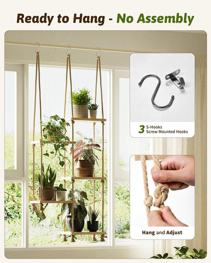 GENTINGBRO Window Plant Shelves Macrame Plant Hanger Floating Shelves Window Sill Shelf for Plants Hanging Plant Stand Indoor Window Plant Holder Boho Decor Living Room Bedroom Wall Decor