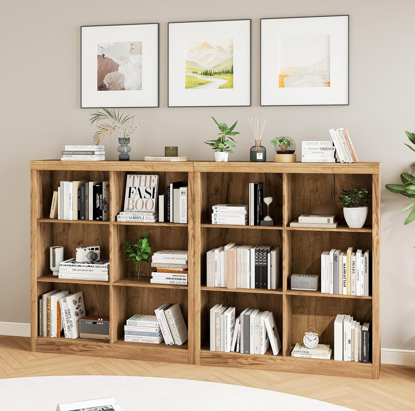6-Cube Storage Organizer Bookshelf, Farmhouse Wooden Bookcase with Open Shelves, Horizontal Standing Display Cabinet for Home Office, Living Room and Bedroom