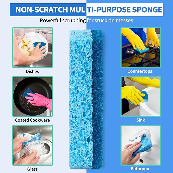 Non-Scratch Cellulose Scrub Sponges 12 Pack, Sponges Kitchen with Double-Side & Ergonomic Design for Dishes, Coated Cookware, Sink & Countertops.