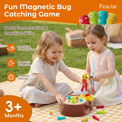 Peaciar Magnetic Bird Feeding Game - Woodpecker Worm Toy, Montessori Bug Hunt Toys for Kids Ages 3-5, Fine Motor Skills and Sensory Toddler Toys, Educational Learning Gift for Boys and Girls