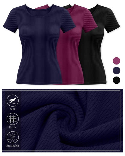 Ficerd 3 Pack Women's Short Sleeve T Shirts, Crew Neck Ribbed Knit Tops for Summer Casual Solid Tee Slim Fitted Basic Shirts(Black, Navy Blue, Fuchsia,X-Large)