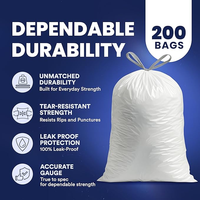 Plasticplace 4 Gallon White Drawstring Trash Bags, – 0.7 Mil Leak-Proof Garbage
