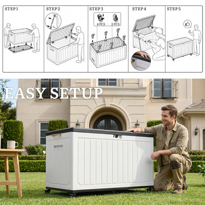 YITAHOME 90 Gallon Outdoor Storage Box with 6 Swivel Wheels & Dual Wooden Handles, Large Double-Wall Resin Deck Box, Lockable Waterproof Patio Organizer for Furniture, Cushions, White & Black