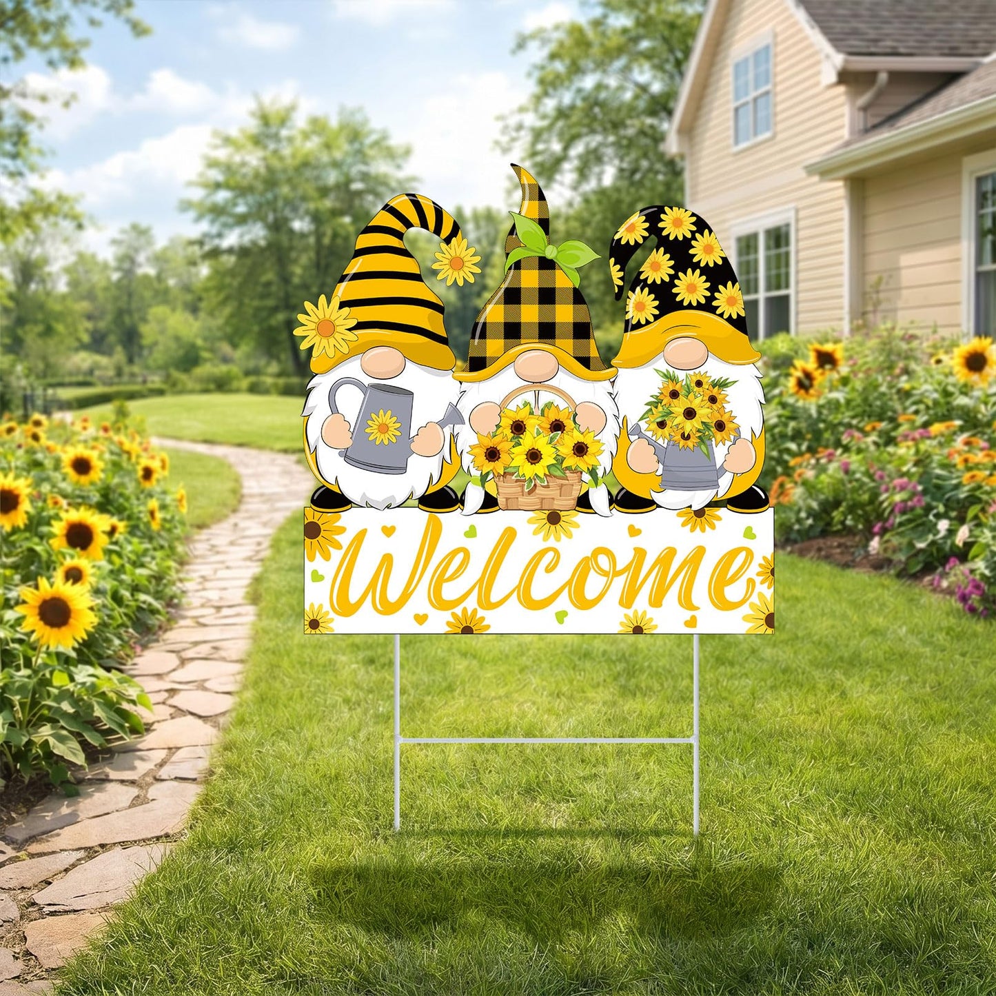Yookeer Summer Sunflower Gnome Decorations Outdoor Metal Sunflower Gnome Decorative Garden Stakes Summer Welcome Yard Sign for Outside Porch Patio Lawn Decor