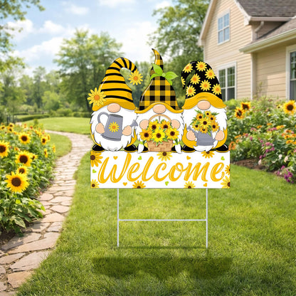 Yookeer Summer Sunflower Gnome Decorations Outdoor Metal Sunflower Gnome Decorative Garden Stakes Summer Welcome Yard Sign for Outside Porch Patio Lawn Decor