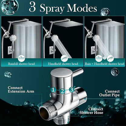 12'' Rain Shower Head Combo, High Pressure Rainfall Shower Head with 16'' Flexible Adjustment of Height/Angle Upgraded Extension Arm and 5 Setting Spray Handheld Shower Head, Anti-leak (Chrome)