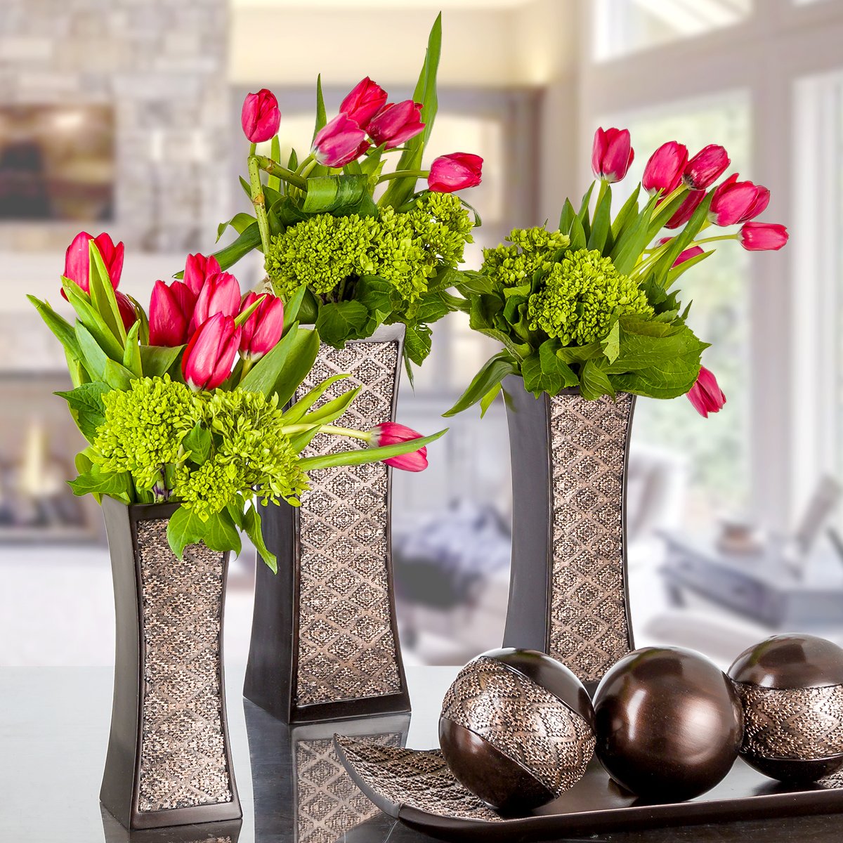 Creative Scents Dublin Brown Vases for Decor Centerpieces - Set of 3 Flower Vases Ideal Home Decor, Dining and Living Room Table Centerpiece, Table Decor, Bookshelf, Mantle and Entryway, Gift Boxed