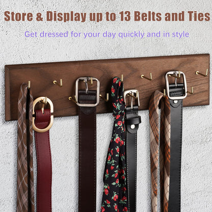 Creproly Belt Organizer - Wall Mounted Hanger for Closet, Holds Over 28 Belts - Wooden Rack with Tie and Scarf Storage (Brown)