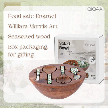 QIQAA Acacia Wood Fruit Bowl for Kitchen Counter | Wooden Salad Bowl For Food | Herringbone Inlay Lid Salad Tongs cheese knives | No Leaks | Designed in USA Handmade In India 12x12x4.75 (Light)
