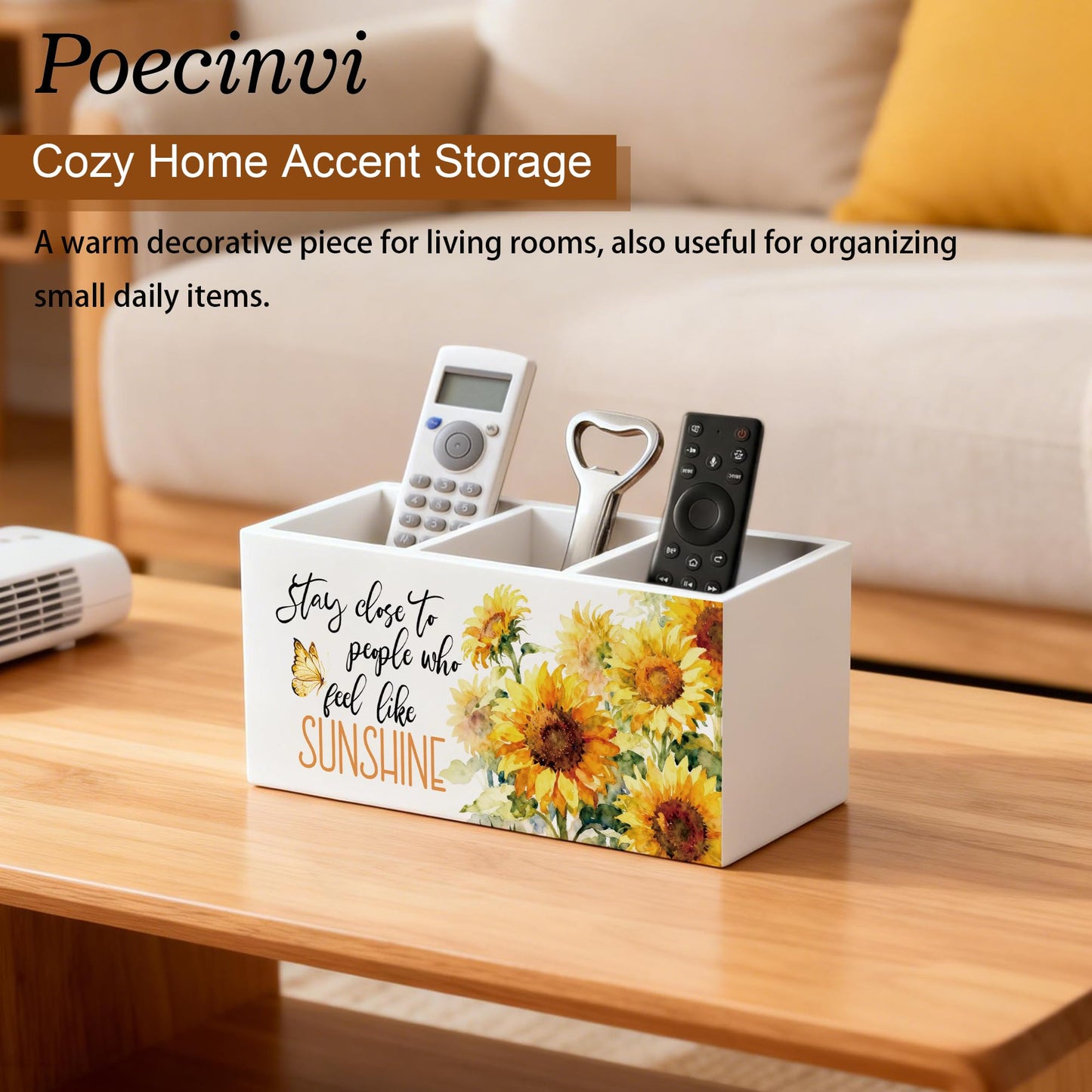 Poecinvi Inspirational Sunflower Pen Holder for Home Office Desk, Stay Close to People Who Feel Like Sunshine Motivational Wooden Box Sign Pencil Holder for Desk Shelf Organizer