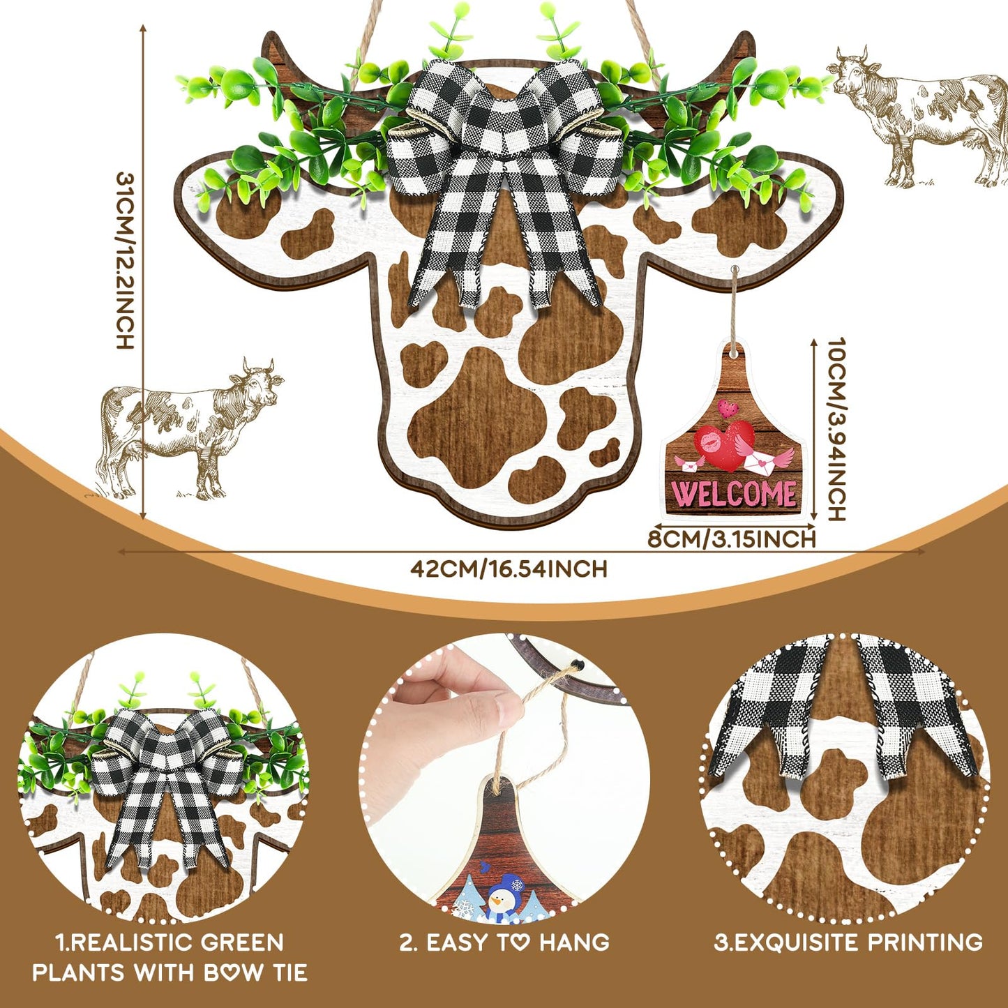 Suzile 16 Pcs Cow Decor Welcome Sign Wooden Cow Head Door Wreath Sign with Buffalo Plaid Bow Interchangeable Hanging Ornaments for Christmas Farmhouse Home Front, 16.5 x 12 Inch