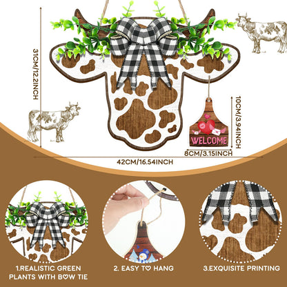 Suzile 16 Pcs Cow Decor Welcome Sign Wooden Cow Head Door Wreath Sign with Buffalo Plaid Bow Interchangeable Hanging Ornaments for Christmas Farmhouse Home Front, 16.5 x 12 Inch