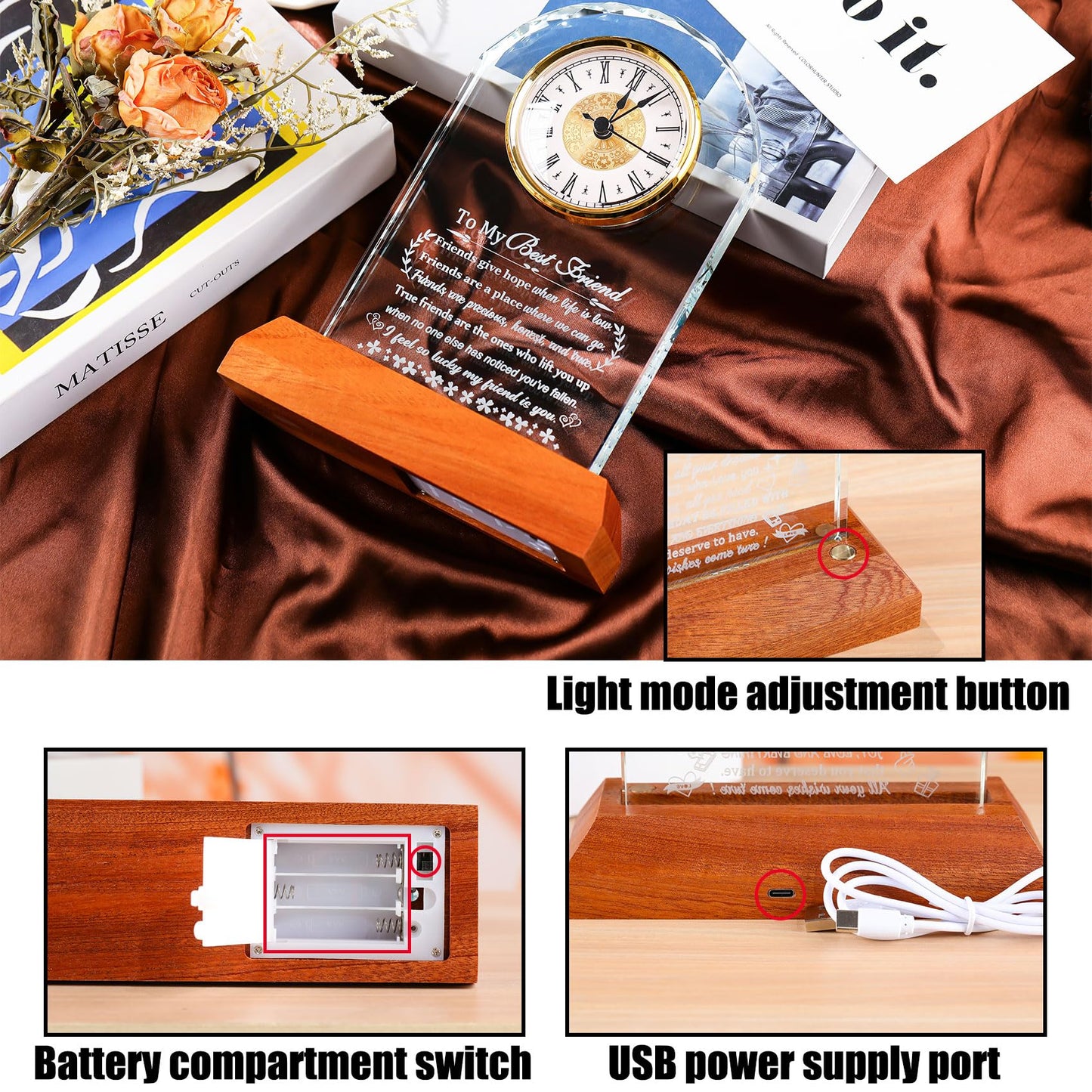 Arikyrist Best Friend Birthday Gifts for Women Men Crystal Clock with Wooden LED Light Base to My Best Friend for Christmas Friendship Gifts Unique Home Office Desk Decor