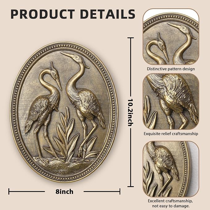 Vintage Crane Wall Sculpture 2 Pack, Crane Wall Art, Antique Wall Decor, Hand Painted Wall Decoration with Embossed Couple Bird Design, Gold Wall Decor for Living Room Bedroom Dining Room,Housewarming Gift(Gold Cranes)