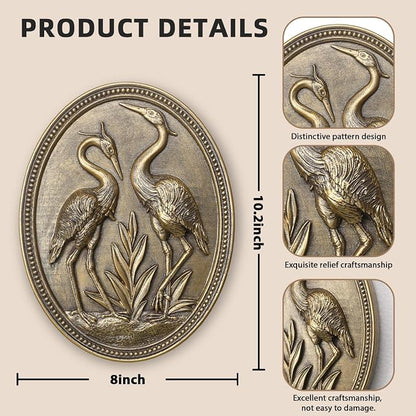 Vintage Crane Wall Sculpture 2 Pack, Crane Wall Art, Antique Wall Decor, Hand Painted Wall Decoration with Embossed Couple Bird Design, Gold Wall Decor for Living Room Bedroom Dining Room,Housewarming Gift(Gold Cranes)
