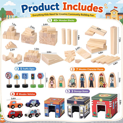 Atoylink Kids Building Blocks for Toddlers 1-3, 108Pcs Wooden Stacking Toys with Community Helpers & Magnetic Wooden Cars Signals, Baby Nesting Boxes Preschool Learning Toys for Boys Girls Gift